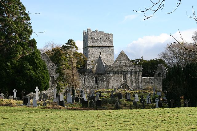 Muckross Abbey view from side of cemetery on a sunny day