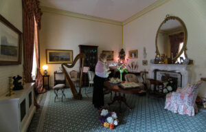 Interior Shot of room with harp in Muckross House