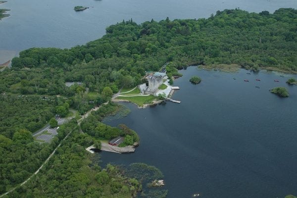 Aerial shot of Ross Island trails and castle - Destination Killarney